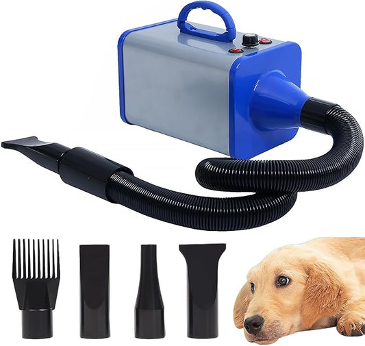 2400w 75m/s Dog Dryer for Pet Grooming, High Velocity Pet Hair Dryer with Heater, Adjustable Speed, 4 Nozzles and a Comb, Blue-PawvioPets