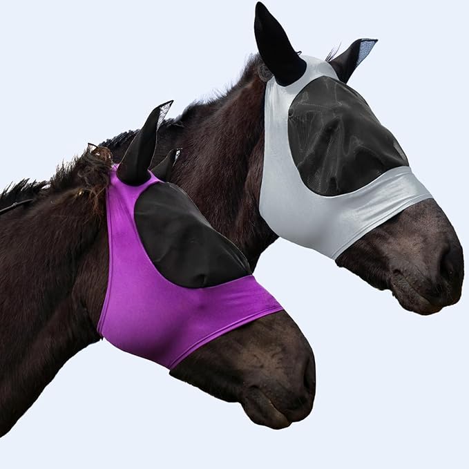 2 Piece Horse Fly Mask with Ears, Comfortable Fit Stretch Fabric Big Eye Space Soft Breathable with UV Protection for Full Horses (Purple-Gray)-PawvioPets