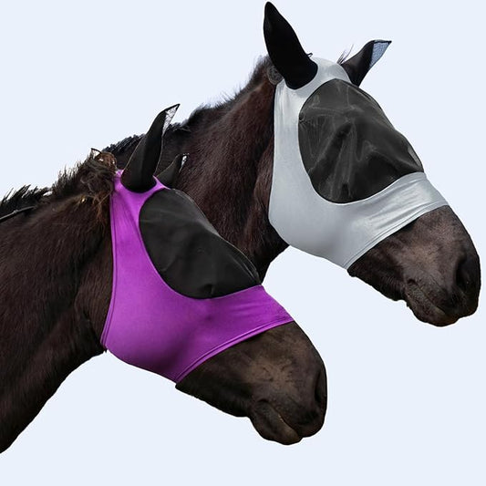 2 Piece Horse Fly Mask with Ears, Comfortable Fit Stretch Fabric Big Eye Space Soft Breathable with UV Protection for Full Horses (Purple-Gray)-PawvioPets