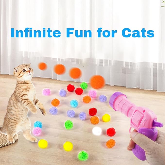 31Pcs Cat Ball Toy Launcher, 30Pcs Plush Fuzzy Balls, Cat Fetch Toy Gun Shooter for Indoor Kittens-PawvioPets