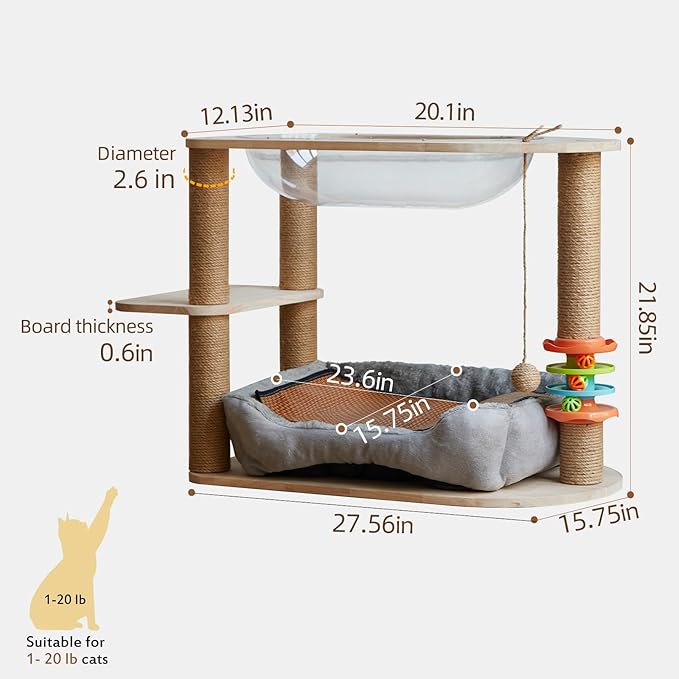 2 Tier Cat Tower,21.85 in cat Perch Wood cat condo with Hammock and Sisal Rope Scratcher Post Hanging Toy Balls for Indoor Large Cats Kittens (Grey)-PawvioPets
