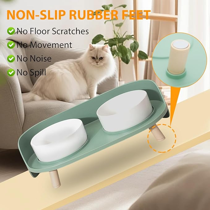 Elevated Dog Bowls Set, Ceramic Pet Food & Water Bowls with Non-Slip Stand, No Spill Design for Cats/Small Medium Dogs Green-PawvioPets