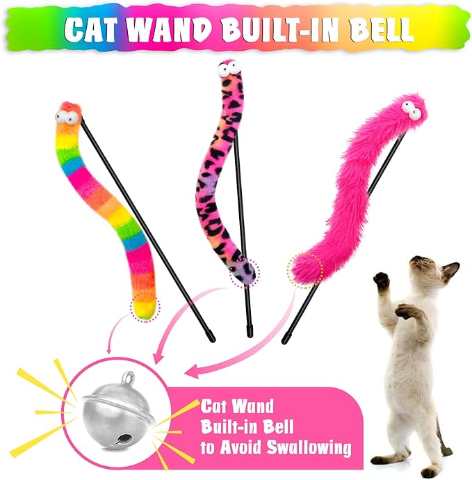3 Pack Cat Wand Toy, Rainbow Cat Feather Toys with Bells, Teaser Wand with Soft Furry Tail, Interactive Toys for Indoor Cats & Kitten & Kitty-PawvioPets