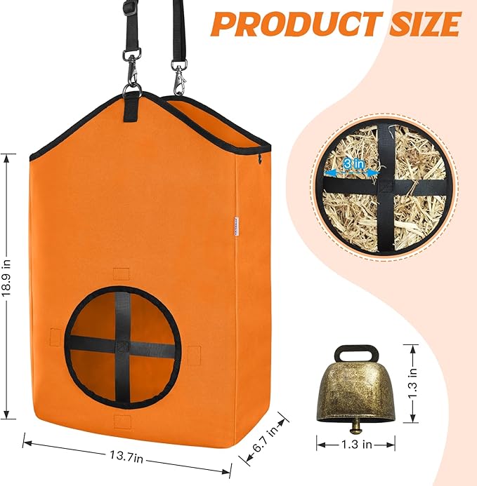 3 PCS Goat Hay Feeder,Hay Bags for Horses,Goats,Donkeys with Reinforced Oxford Fabric and High Strength Metal Clasp,Horse Feeding Supplies with Adjustable Strap for Easy Hanging (2Orange+1Black)-PawvioPets