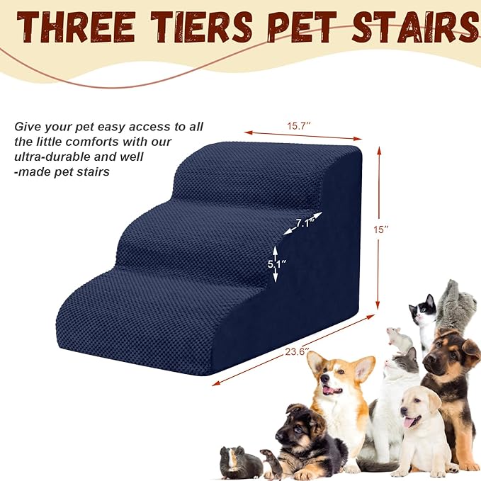 Dog Stairs for Small Dogs - High Density Foam Pet Steps, Extra Wide Dog Ramp with Non-Slip Bottom for High Beds, Couch and Sofa, Best for Dogs Injured, Older Doggy Cats, 3 Steps, Navy-PawvioPets