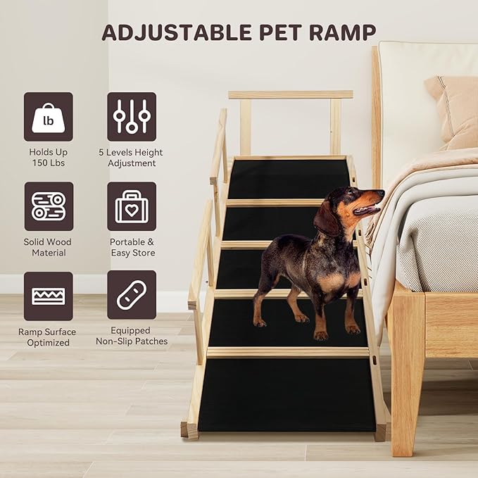 Dog Ramp for Bed PANTAZO Adjustable Ramps for Small Dogs to Get on Bed, Up to 28.5 Inches, 48'' Long,120lbs with Anti-Slip Grip & Safety Rail-PawvioPets