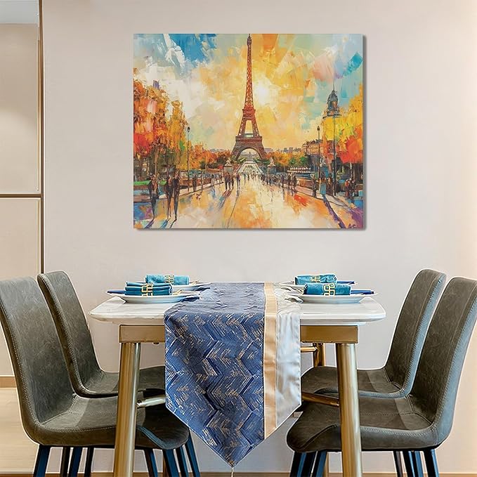 Framed Large Eiffel Tower Wall Art for Living Room, Oversized Paris City Street Landscape Wall Decor, Colorful Sunrise Canvas Painting Modern Artwork for Living Room Bedroom Office 60"x30"-PawvioPets