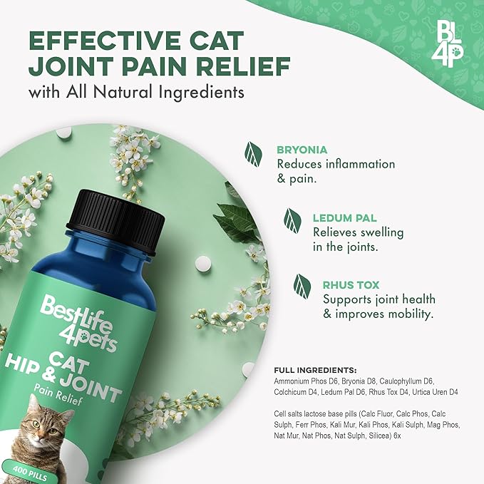 Cat Hip and Joint Pain Relief Supplement, Cat Arthritis Pain Relief, Heal from Sprains, Inflammation and Injuries, Improve Mobility, Natural Easy-to-Swallow, Odorless, Tasteless, 400 Pills-PawvioPets