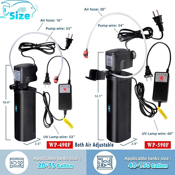 Aquarium Filter U-V w/Scientific 3,6,12,24H Timer 200GPH for 20-75Gal Fish Turtle Tank Bio Sponge Internal Filter Power Pump Deodorization Saltwater Freshwater Killing Green Clean Machine Air Supply-PawvioPets