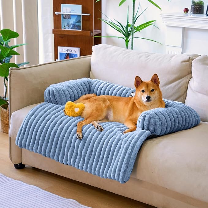 FUNNY FUZZY Pet Couch Cover for Sofa, Calming Dog Bed for Couch, Fluffy Plush Dog Couch Mat for Furniture Protector for Large Medium Small Dogs and Cats, Blue-PawvioPets