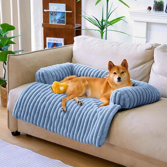 FUNNY FUZZY Pet Couch Cover for Sofa, Calming Dog Bed for Couch, Fluffy Plush Dog Couch Mat for Furniture Protector for Large Medium Small Dogs and Cats, Blue-PawvioPets