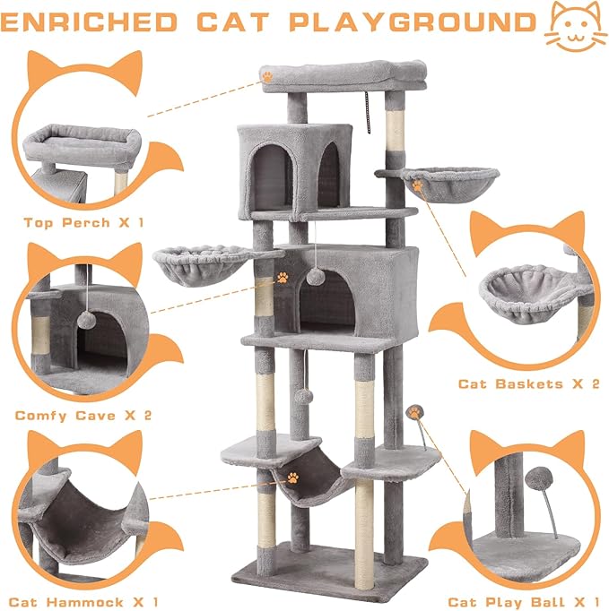 70-Inch Cat Tree,Large Cat Tree Tower with Hammock, Scratching Post, Condo and Multi-Level Cat Tower for Large Cats, Cat Activity Center Playhouse, Light Gray LCT016-PawvioPets