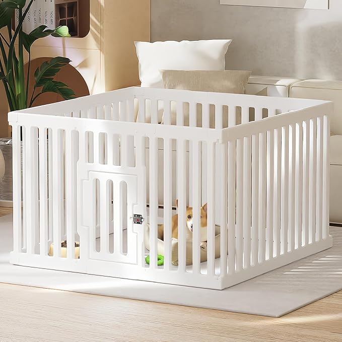 Dog Playpen with Door, 12 Panels Puppy Playpen, 25.6” H Dog Pen for Small Cats and Dogs, Pet Fence for Indoor & Outdoor, Non-Slip Pet Gate Made of Strong Plastic, White-PawvioPets