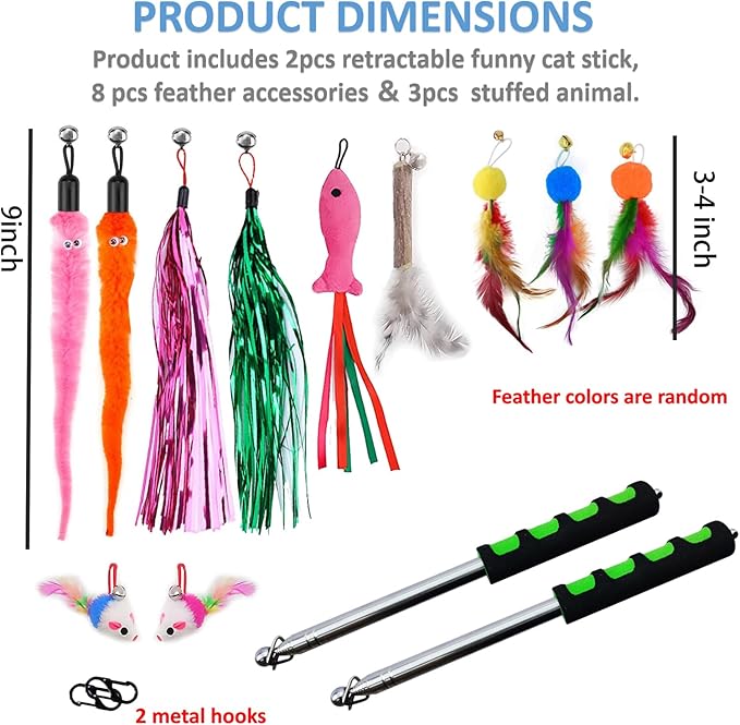 2pcs Retractable Wand Toys, Cat Fishing Rod with 11 Pcs Feather Refills for Indoor & Outdoor Cats-PawvioPets