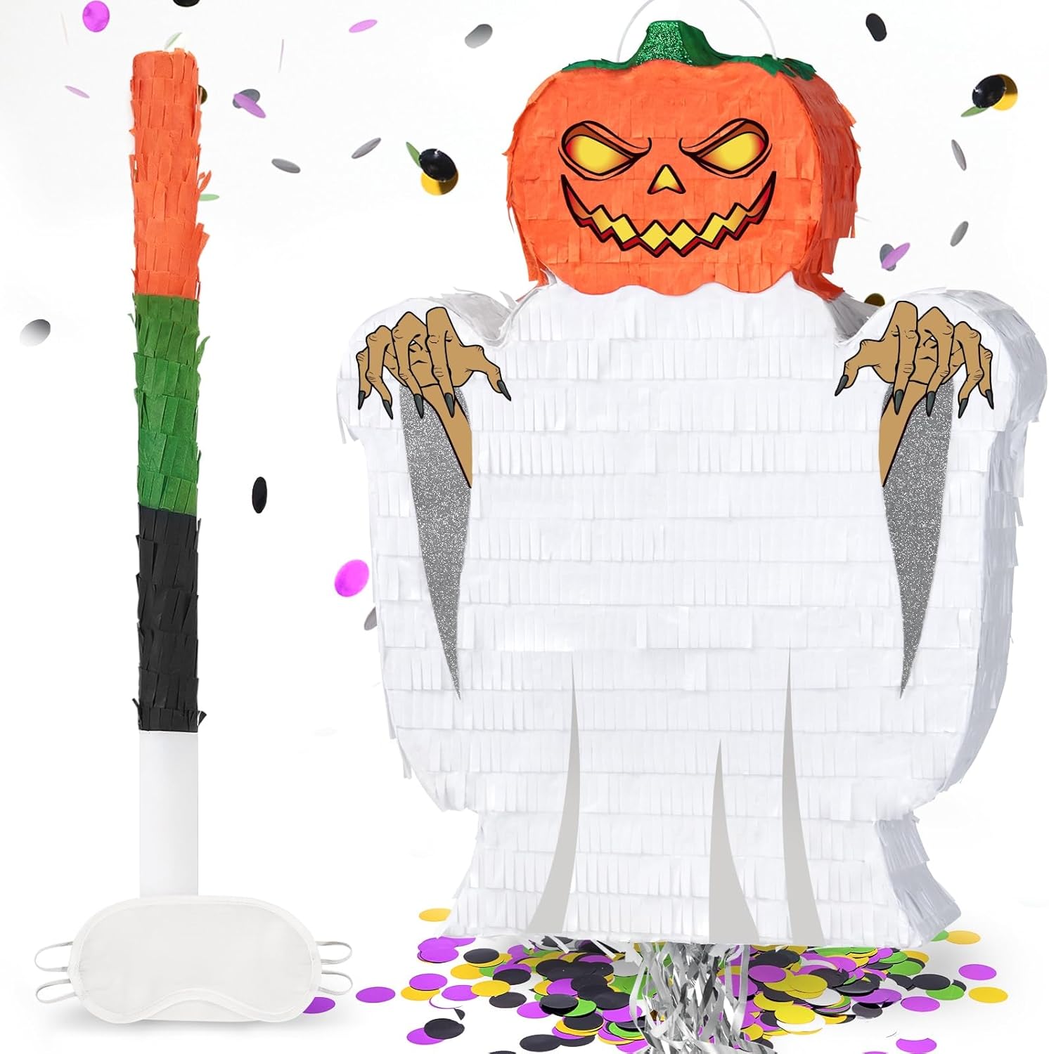WERNNSAI Halloween Ghost Pinata - Halloween Party Decorations Hallow-een Pumpkin Party Games for Kids Trick or Treat Theme Party Haunted House Jack O Lantern Decorations with Bat Blindfold