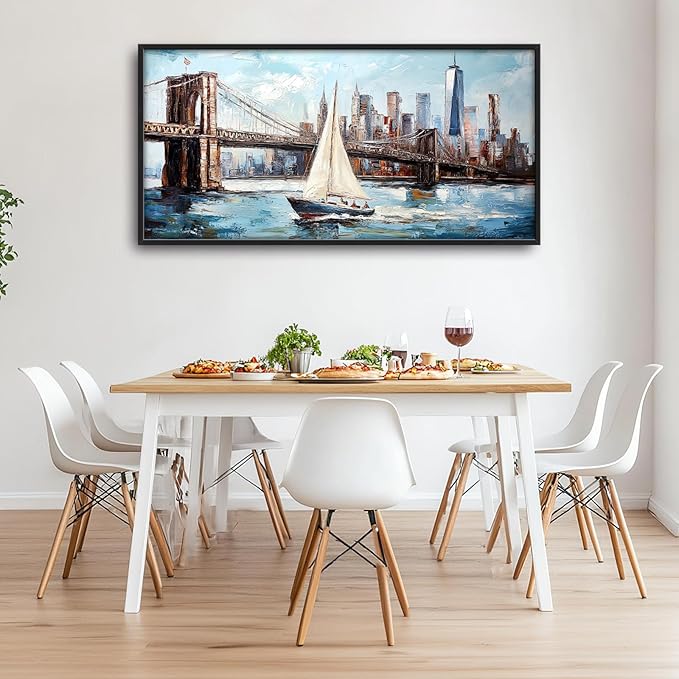Extra Large Sailboat Framed Wall Art for Living Room,Oversized New York Brooklyn Bridge Pictures Wall Decor,Cityscape Canvas Print Painting Modern Artwork Bedroom Office Bathroom 60L" x 30W"-PawvioPets