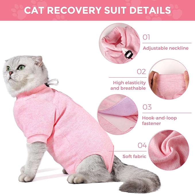 Dotoner Cat Surgery Recovery Suit for Female Male Anti-Licking Pet Surgical Pajamas Long Sleeve Prevent Shedding Cat Spay Recovery Suit&E Collar Alternative Bodysuit for Cats-PawvioPets