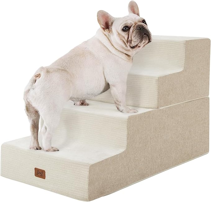 Dog Stairs for High Bed, Dog Steps for Bed Couch Sofa, 35D Foam Extra Wide Pet Steps for Small Dogs and Cats, Pet Stairs with Non-Slip Bottom Beige, 4 Steps-PawvioPets