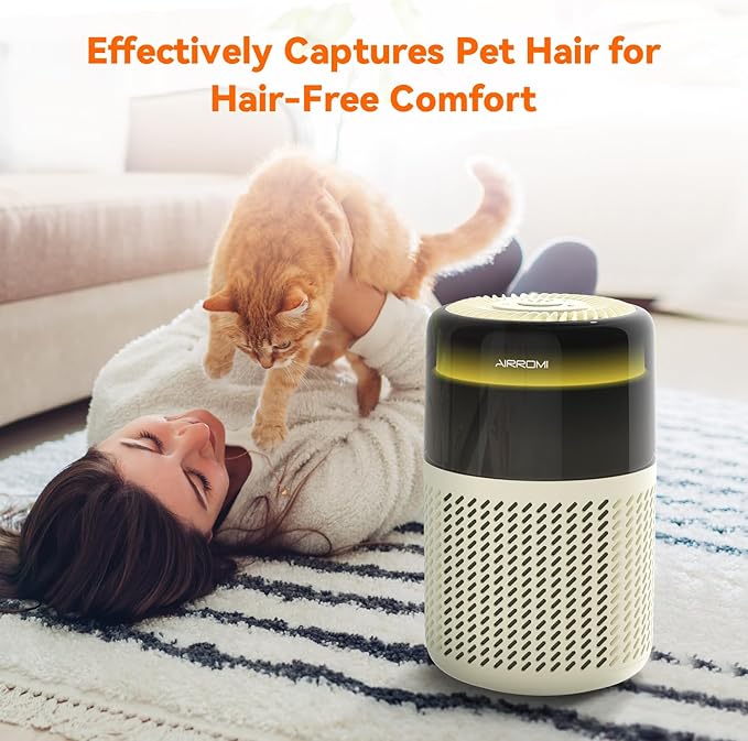 AIRROMI Air Purifier for Bedroom Home,HEPA Filter,Covers Upto 549 Ft²,Quiet 360°intake Air Cleaner with Fragrance ponge for Better Sleep,Night Light,Filters Smoke,Pet Dander,Allergies,Dust,A2005Yellow-PawvioPets