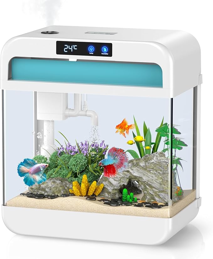 Fish Tank Aquarium 2.2 Gallon with 7 Color Auto-Looping Light, Fish Bowl with Humidifier 3 in 1 Pump - Filteration & Oxygenation & Circulation, Temperature Display, HD Float Glass, Thickened Base-PawvioPets