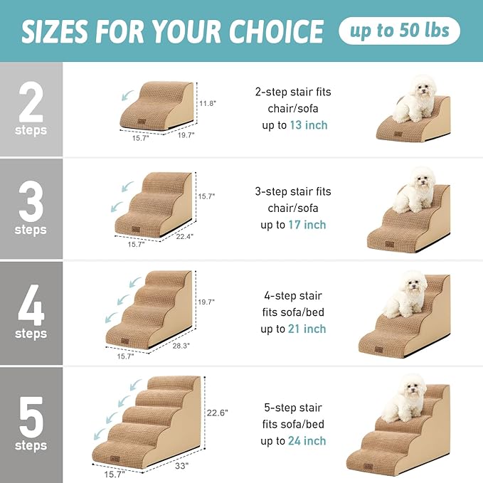 Dog Stairs for Small Dogs 15.7" H, Curved Dog Step for Puppy, Older Cat, Medium Pet Ramp for Sofa, Couch or Chair, Ladder with High Density Foam, 15.7x22.4x15.7 inch, 3 Step, Light Brown-PawvioPets