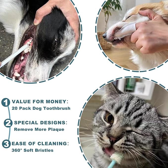 Dog Toothbrush Kit, 360-Degree Finger Three-Sided Design, Replaceable Tooth Brush Heads,Easy Teeth Cleaning & Dental Care, 20Pack-PawvioPets