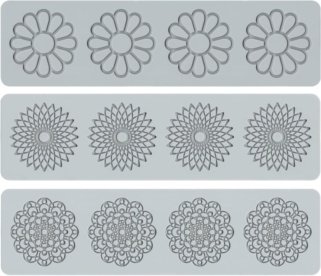 Embossing Lace Fondant Molds, Multi Circle Flowers Lace Mat Wedding Cake Decoration Tool, Rattan Shaped Cupcake Mat Silicone Molds Set of 3