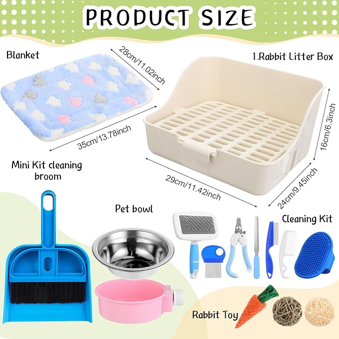 15 Pcs Rabbit Starter Kit Small Rabbit Litter Box Animal Grooming Kit Bunny Toys Bowl Blankets with Cleaning Set for Guinea Pig Accessories(Multicolor)-PawvioPets