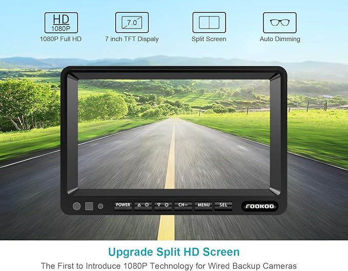 Fookoo Ⅱ 7" HD 1080P Wired Backup Camera System, 7-inch Dual Split Screen Monitor W/Recording IP69 Waterproof Front View Rear View Camera Parking Lines for Truck/Trailer/RV/Skid Steer (FHD2)-PawvioPets