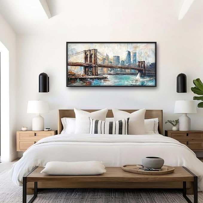 Extra Large Framed Brooklyn Bridge Wall Art,New York City Wall Decor,Abstract Skyline Cityscape Pictures for Living Room,Canvas Print Painting Modern Artwork Bedroom Office Bathroom 60L x30W-PawvioPets