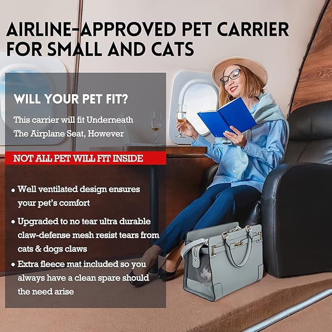 Fashion Pet Carrier Dog Cat Carrier Purse Soft-Sided Leather Handbag Pet Tote Bag for Small Dogs Puppy and Cats TSA Airline Approved (Grey)-PawvioPets