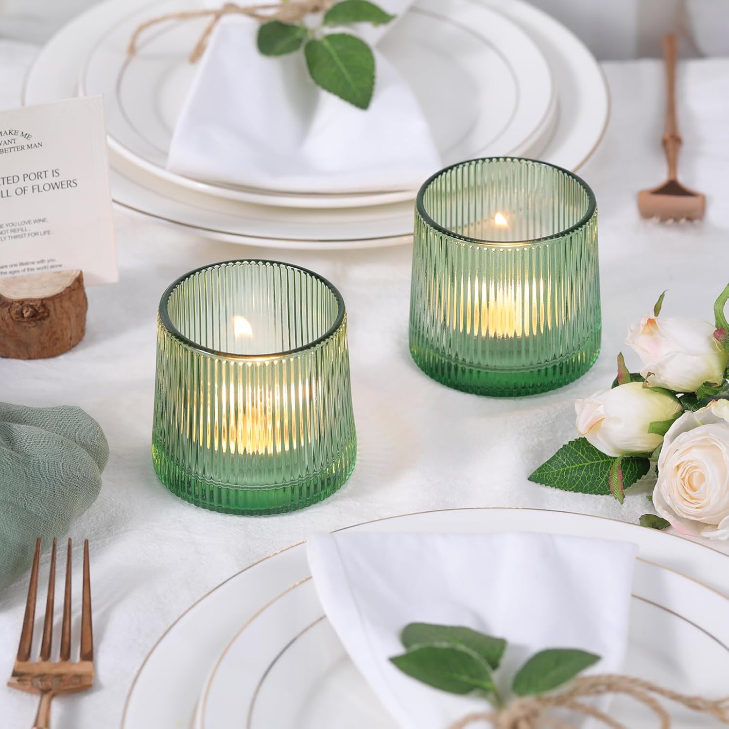DARJEN Green Ribbed Tealight Votive Candle Holders Set of 10- Votive Candle Holders for Table Centerpiece, Tea Light Candle Holder Glass for Wedding and Home Decor, Green Decor and Gifts