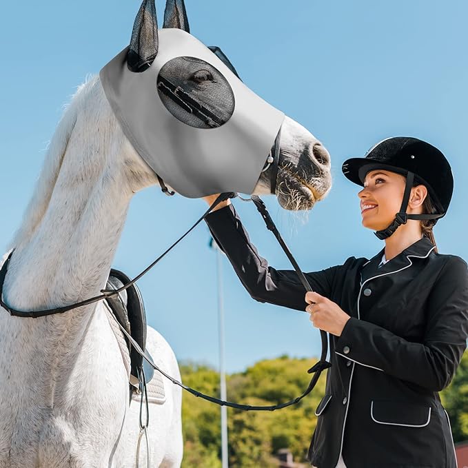 Frienda 4 Pcs Horse Fly Masks with Ears Head Fly Masks for Horses Smooth Elastic UV Protection Cover from Summer Insect Pests(Medium,Black, Gray, Blue, Mint Green)-PawvioPets