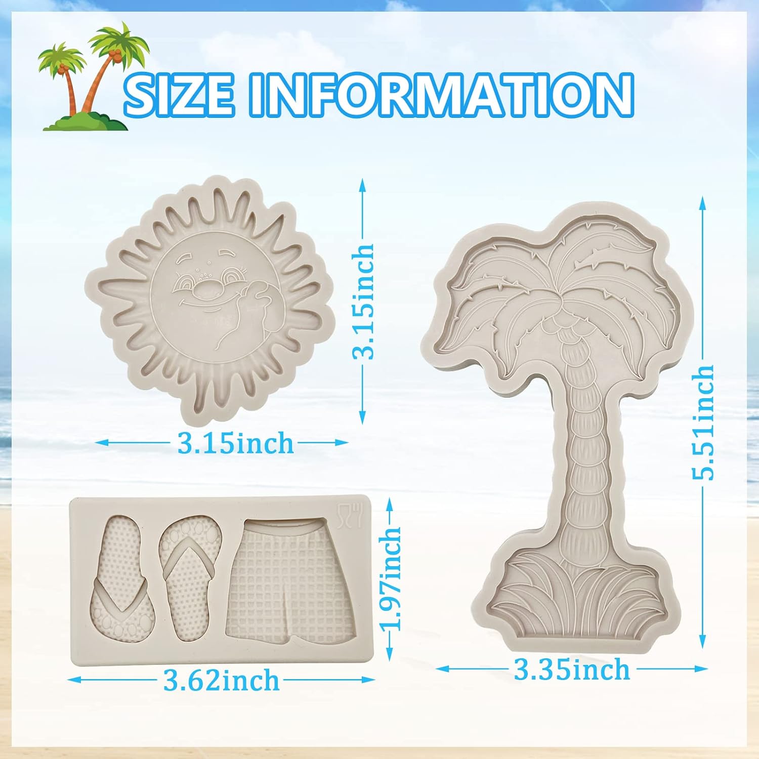 3 Pcs Hawaiian Coconut Tree Fondant Molds, Seaside Beach Sun Silicone Molds, Slipper Surf Shorts Clay Mold for Cake Decorating, Candy Chocolate Marzipan Resin Crafts, Summer Party, Halloween