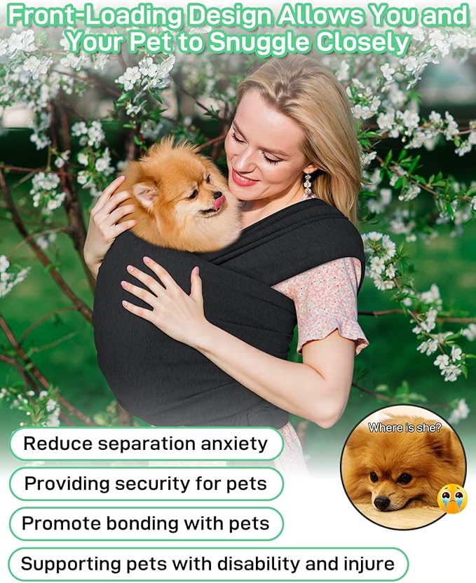 Dog Sling Swaddle Carrier for Small Dog, Cat Front Carriers for Small Pet up to 20lbs, Puppy Pouch with Adjustable Straps, Hands Free Pet Sling, Anti Anxiety Puppy Sling (Black)-PawvioPets