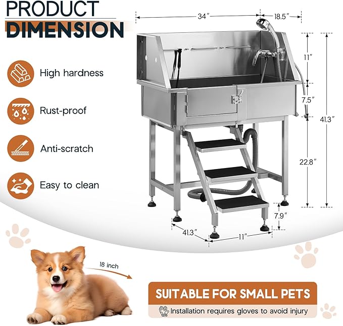 Albott 34 Inch Stainless Steel Dog Washing Station with Non-Slip Steps, Sprayer, Faucet, Tow Rope – Professional Pet Bathtub for Small Dogs, Great for Home, Garage, Salon (Left Door)-PawvioPets