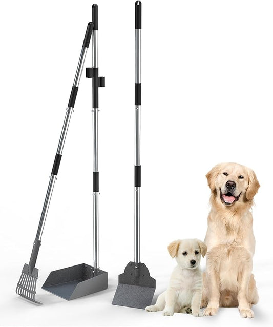 Dog Pooper Scooper Set, Stainless Metal Tray Rake Spade 3 Pack, Long Handle Pet Waste Scooper for Large Medium Small Dogs, Heavy Duty Poop Scooper for Yard, Grass, Dirt or Gravel-PawvioPets