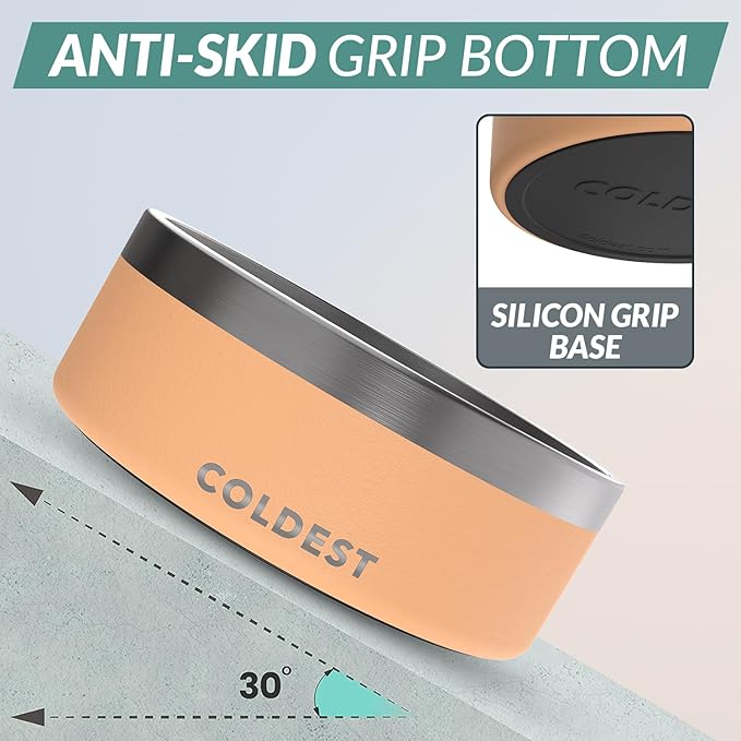 Coldest Dog Bowl - Anti Rust Metal, Non Slip, 3 Layers Insulated Stainless Steel Dog Bowls - Spill Proof & Heavy Duty - Water Bowl for Dogs, Cats & Pets, Dish Washer Safe (64 oz, Sahara Peach)-PawvioPets