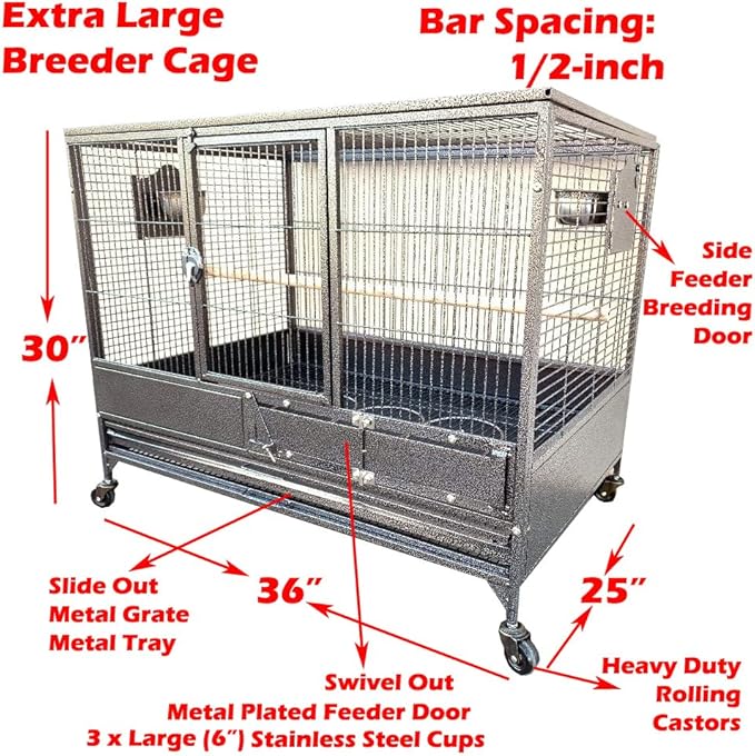 Extra Large Single Stacker Strong Heavy Duty Wrought Iron Breeder Parrot Aviary Bird Breeding Breeder Cage with Side Nest Breeding Doors On Wheels-PawvioPets