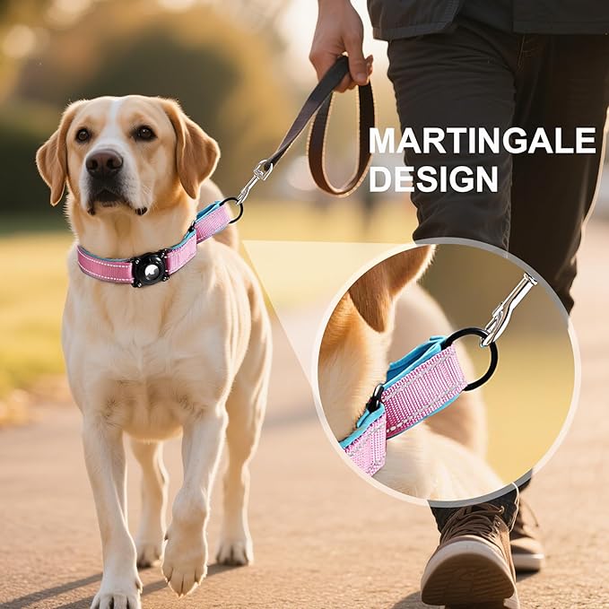 Airtag Dog Collar with Martingale Design, IP68 Waterproof Air Tag Collar Holder, Adjustable Reflective Soft Padded Nylon Dog Collar for Large Medium Small Dogs-PawvioPets