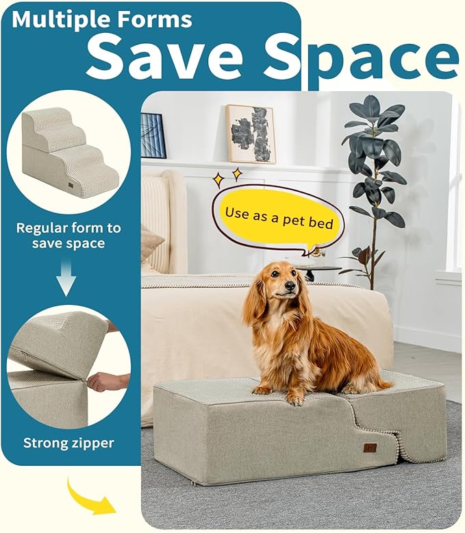 Dog Step for Bed, Dog Stair 4-Step 35D Pet Stair 19.7" H for High Bed or Sofa Non-Slip Balanced Pet Step Indoor, Beige-PawvioPets