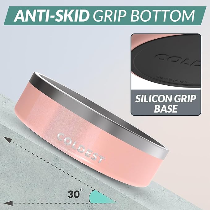 Coldest Dog Bowl - Anti Rust Metal, Non Slip, 3 Layers Insulated Stainless Steel Dog Bowls - Spill Proof & Heavy Duty - Water Bowl for Dogs, Cats & Pets, Dish Washer Safe (42 oz, Forever Pink Glitter)-PawvioPets