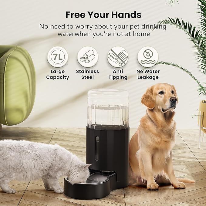 CZPET Automatic 7L Dog and Cat Water Dispenser with Stainless Steel Bowl Gravity Waterer,100% BPA-Free,Large Capacity and Drinking Area Noise-Free for Pets(7L Water Dispenser, Black)-PawvioPets