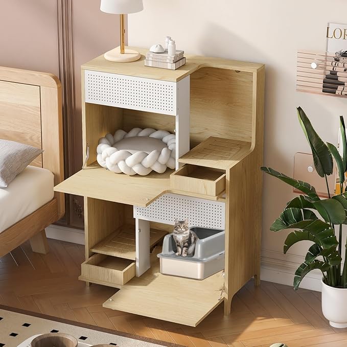 Cat Litter Box Enclosure Furniture Hidden Indoor 2-in-1 Wooden Cat House & Washroom Cabinet with Drawer for 2 Cats, 31.4"x15.7"x44.8"H-PawvioPets