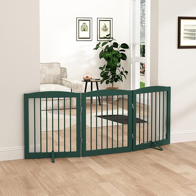 Freestanding Pet Gate for Dogs, Foldable Wooden Dog Gate for House, Indoor Dog Gate for Doorways, Stairs, Step Over Pet Puppy Safety Fence, Support Feet Included,24" Height 3 Panels,Green-PawvioPets