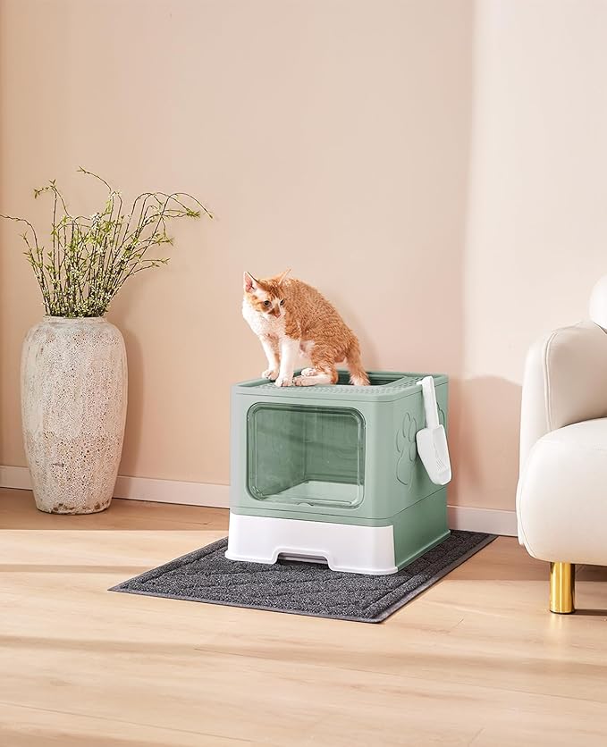 Cat Litter Box with X-Large Litter Mat and Scoop, Large Foldable Litter Box with Lid, Enclosed Kitty Box,Front Top Entry Exit, Odor Control Easy to Clean (Upgrade Green)-PawvioPets