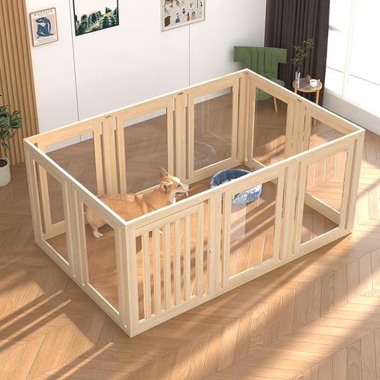 10 Panels Dog Playpen with Door, 23.6" H Pet Playpen Indoor, Clear Acrylic Puppy Playpens, Wooden Puppy Fence with Gate, Transparent Dog Pens, Pet Pen Indoor for Dogs, Cats, Rabbit (Wood)-PawvioPets