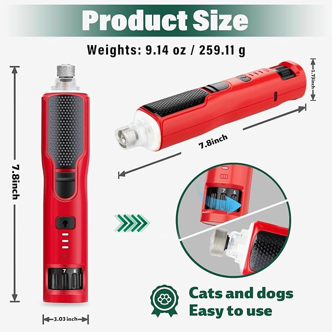 Dog Nail Grinder 7-Speed & 360° LED Light, Professional Pet Nail Grinder for Dogs and Cats, Electric Dog Nail Trimmer Painless Paws Grooming & Smoothing Tool for Large Medium Small Dogs Cats Pets-PawvioPets