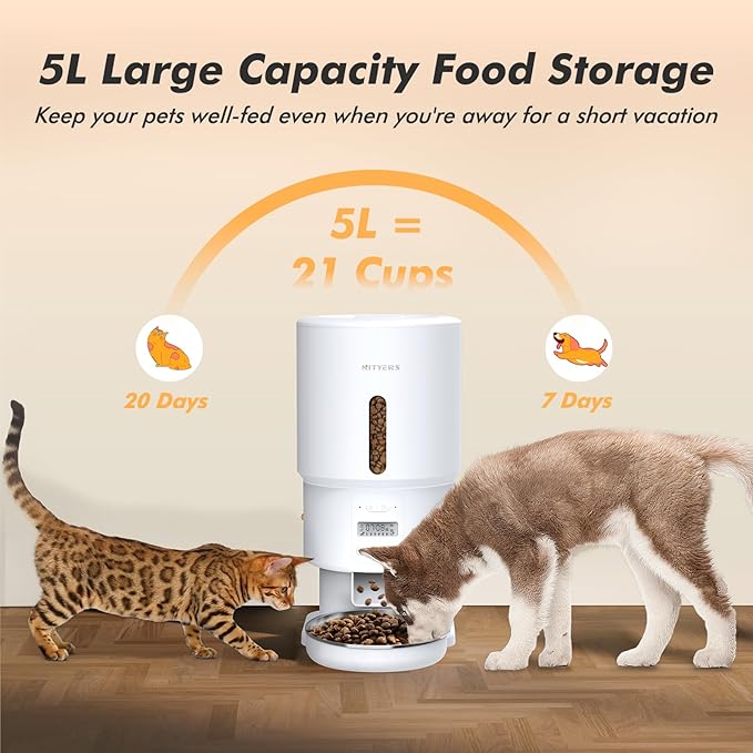 Automatic Cat Feeder - 5L Anti-Clog Cat Food Dispenser with Freshness Preservation, 1-6 Meals/Day, Programmable Portions, 10s Voice, 180-Day Battery Life, Auto Pet Feeder for Multi Cats & Dogs-PawvioPets
