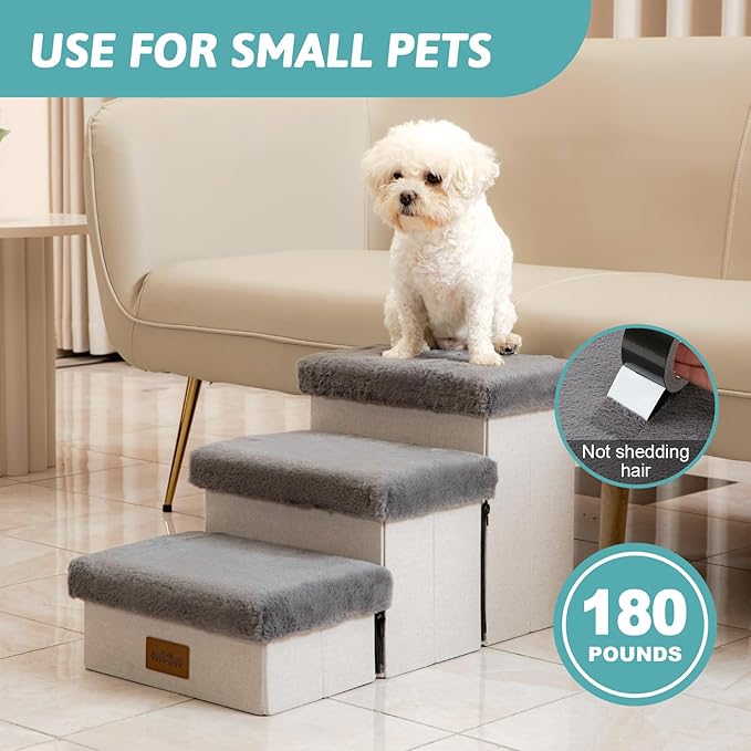 Dog Stair for Small Dogs with Storage, Foldable Pet Step with Soft Cover, Older Cat Ramp for Chair Couch Sofa, Lightweight, Durable, Comfort, 24.8x13x13.6 inch, 3 Tiers, Grey-PawvioPets